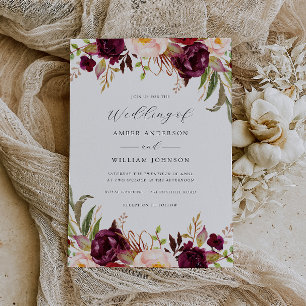 Floral Burgundy Blush Bloom Wedding   Invitation