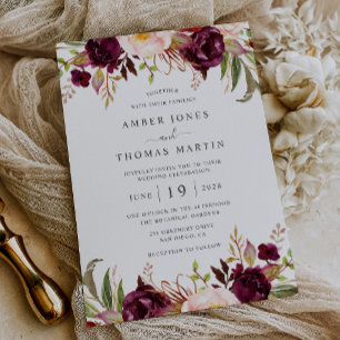 Floral Burgundy Blush Blooming Wedding Invitation