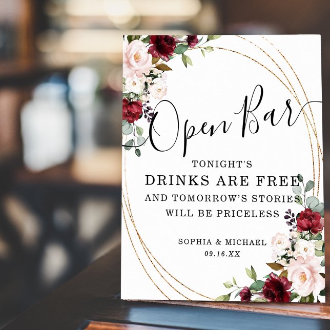 Floral Burgundy Blush Floral Gold Frame Open Bar Poster (Creator Uploaded)