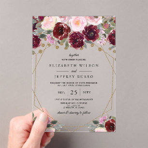 Floral Burgundy Blush Gold Geometric Wedding  Acrylic Invitations