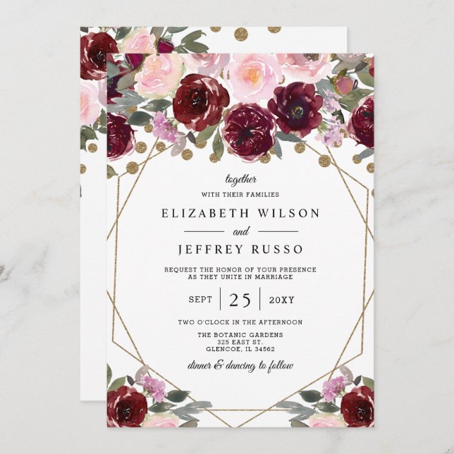 Floral Burgundy Blush Gold Geometric Wedding  Invitation (Front/Back)