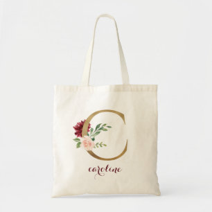 Floral Burgundy Blush Gold Monogram Letter "C" Tote Bag