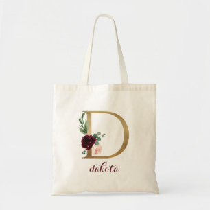 Floral Burgundy Blush Gold Monogram Letter "D" Tote Bag