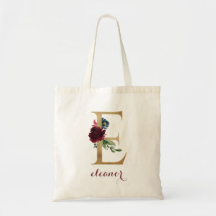 Floral Burgundy Blush Gold Monogram Letter "E" Tote Bag
