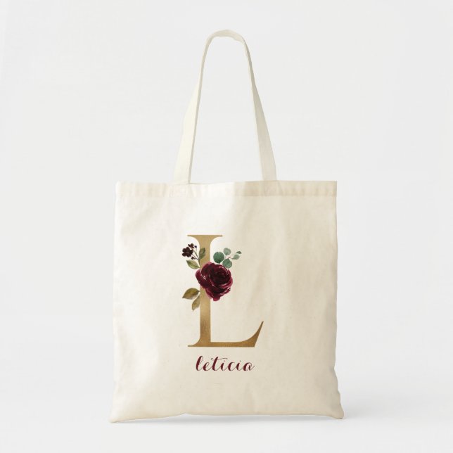 Floral Burgundy Blush Gold Monogram Letter "L" Tote Bag (Front)