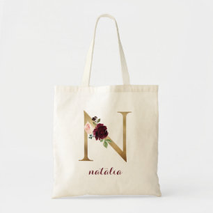 Floral Burgundy Blush Gold Monogram Letter "N" Tote Bag