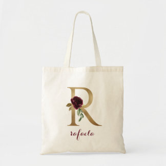 Floral Burgundy Blush Gold Monogram Letter "R" Tote Bag