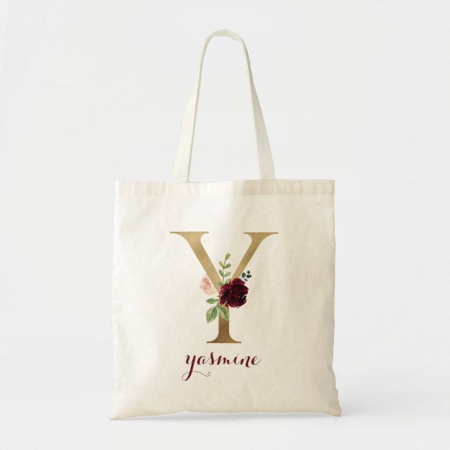 Floral Burgundy Blush Gold Monogram Letter "Y" Tote Bag (Front)