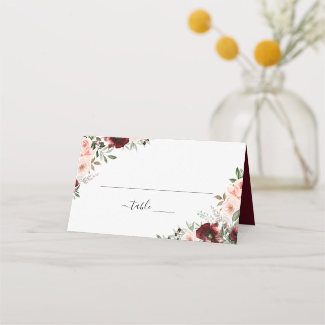 Floral Burgundy Blush Greenery Elegant Place Card (Front)