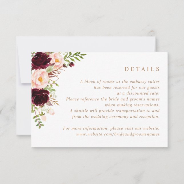 Floral Burgundy Blush Greenery Wedding Details Invitation (Front)