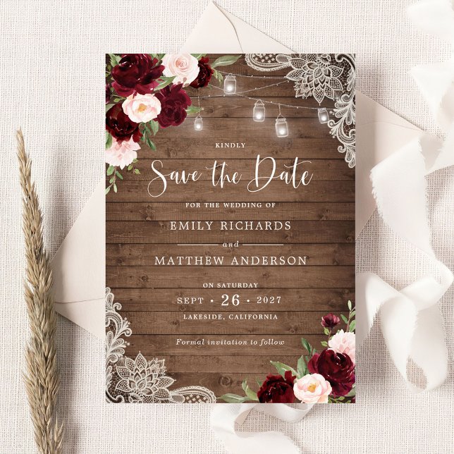 Floral Burgundy Blush Lace Wood Save the Date Invitation (Creator Uploaded)