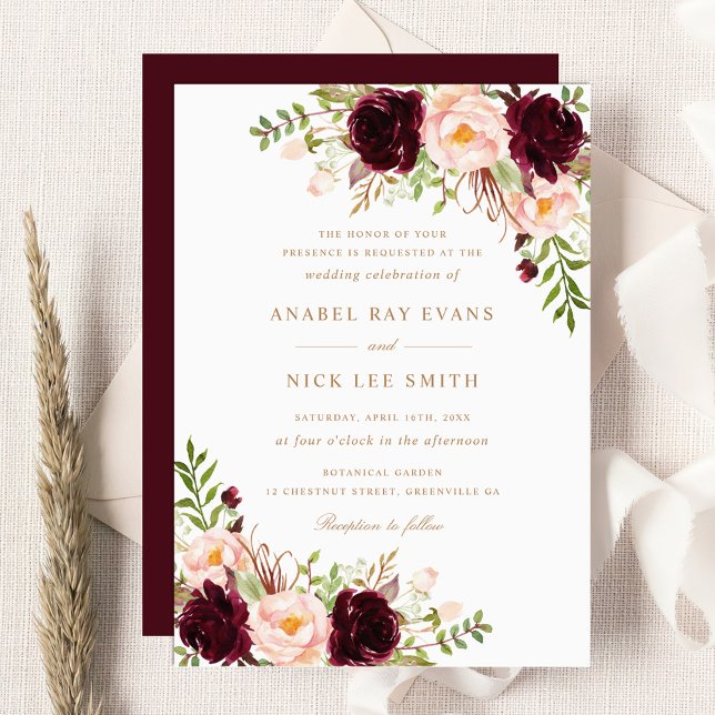 Floral Burgundy Blush Modern Elegant Wedding Invitation (Creator Uploaded)