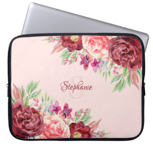 Floral Burgundy Blush Monogram Personalised Laptop Sleeve