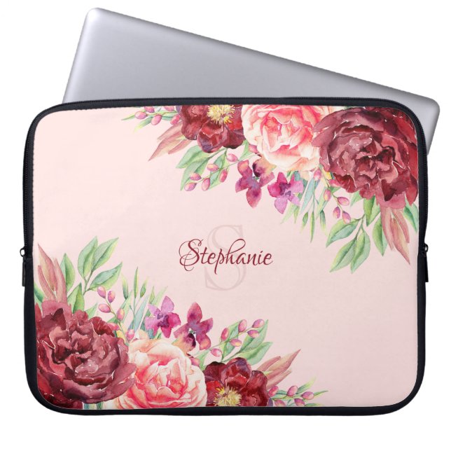Floral Burgundy Blush Monogram Personalised Laptop Sleeve (Front)