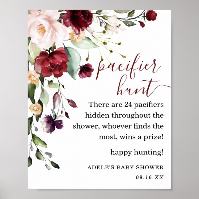Floral Burgundy Blush Pacifier Hunt Sign (Front)