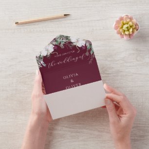 Floral burgundy blush rustic wedding all in one invitation