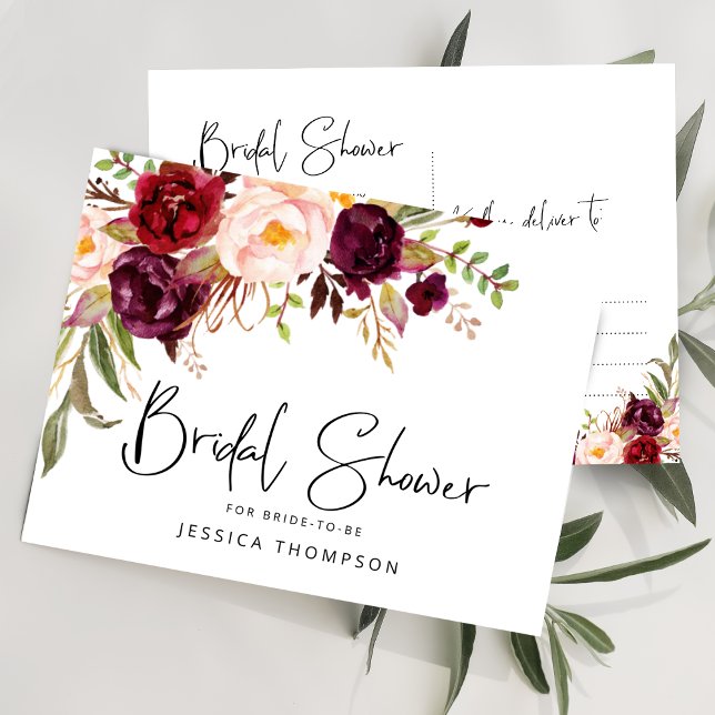Floral Burgundy Blush Watercolor Bridal Shower Invitation Postcard (Creator Uploaded)