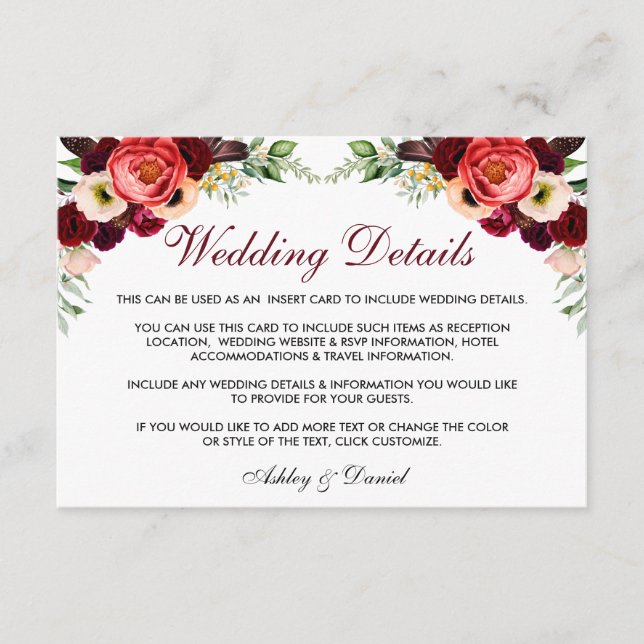 Floral Burgundy Boho Wedding Details Insert Card B (Front)