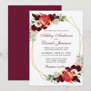 Floral Burgundy Boho Wedding Gold Frame B Invitation