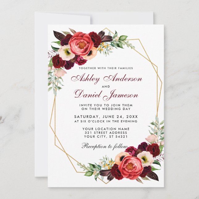 Floral Burgundy Boho Wedding Gold Frame W Invitation (Front)
