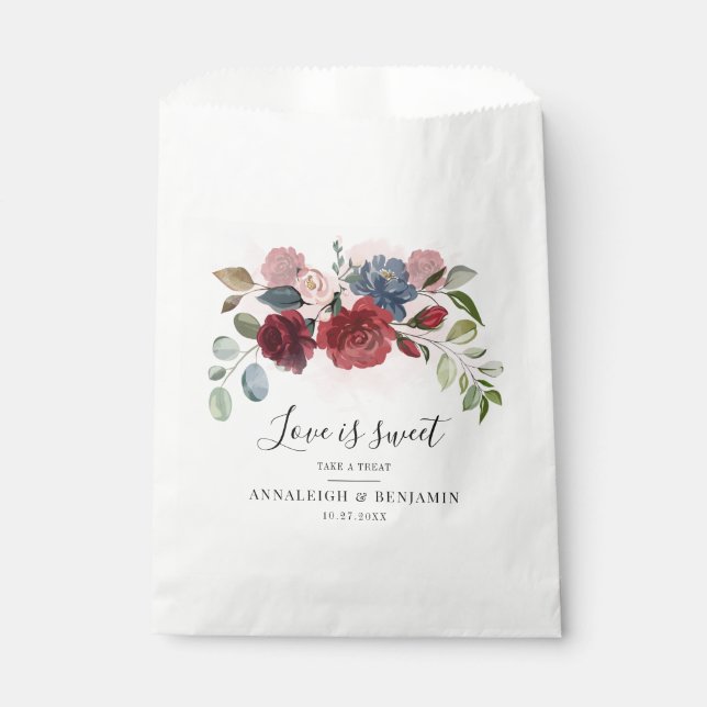 Floral Burgundy Botanical Dusty Blue Watercolor Favour Bags (Front)