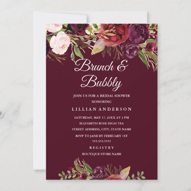 Floral Burgundy Brunch and Bubbly Bridal Shower Invitation (Front)