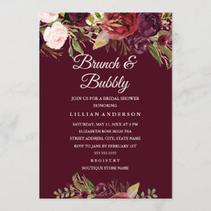 Floral Burgundy Brunch and Bubbly Bridal Shower Invitation