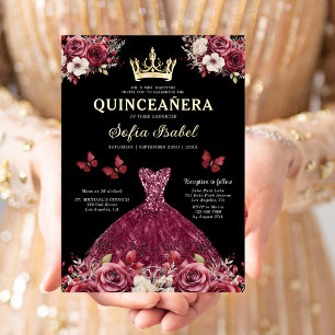 Floral Burgundy Butterfly Princess Quinceanera