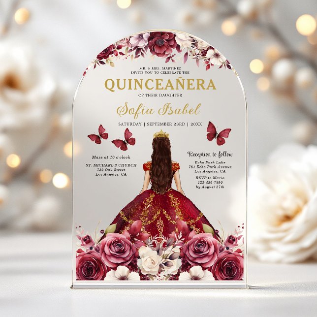 Floral Burgundy Butterfly Princess Quinceanera Acrylic Invitations (Creator Uploaded)