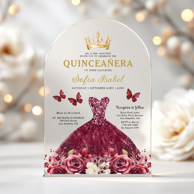 Floral Burgundy Butterfly Princess Quinceanera Acrylic Invitations (Creator Uploaded)