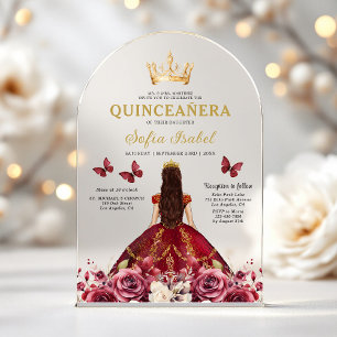 Floral Burgundy Butterfly Princess Quinceanera Acrylic Invitations
