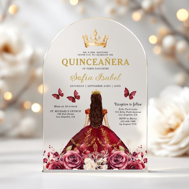 Floral Burgundy Butterfly Princess Quinceanera Acrylic Invitations (Creator Uploaded)