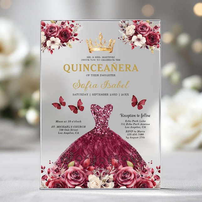 Floral Burgundy Butterfly Princess Quinceanera Acrylic Invitations (Creator Uploaded)