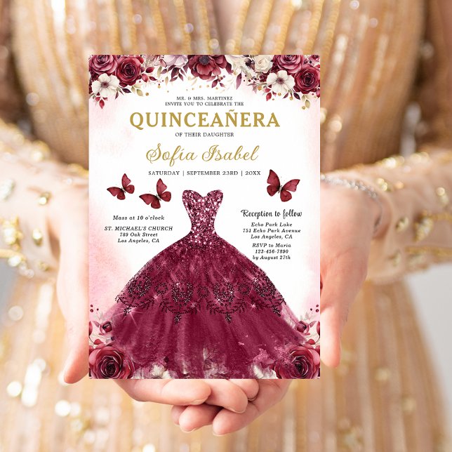 Floral Burgundy Butterfly Princess Quinceanera Invitation (Creator Uploaded)