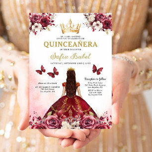 Floral Burgundy Butterfly Princess Quinceanera Invitation