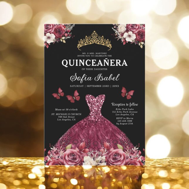 Floral Burgundy Butterfly Princess Quinceanera Invitation (Creator Uploaded)