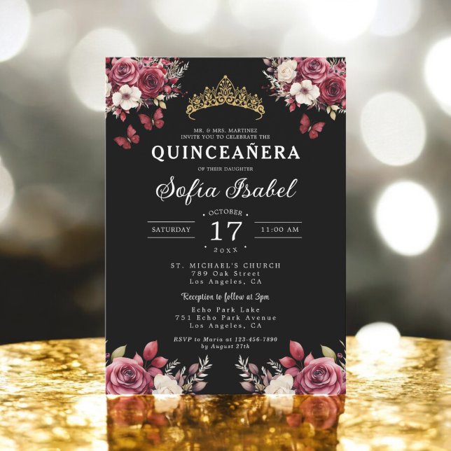 Floral Burgundy Butterfly Princess Quinceanera Invitation (Creator Uploaded)