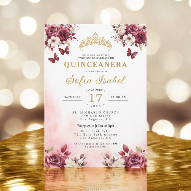 Floral Burgundy Butterfly Princess Quinceanera Invitation (Creator Uploaded)