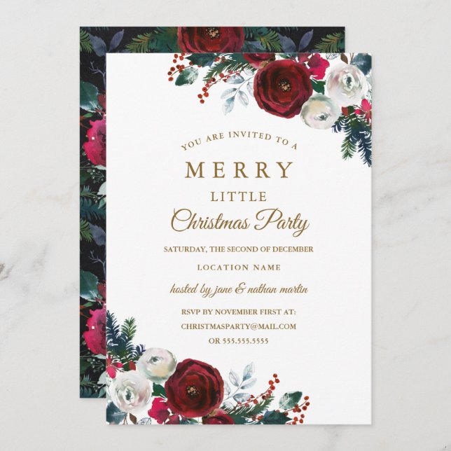Floral Burgundy Christmas Party Invitation (Front/Back)