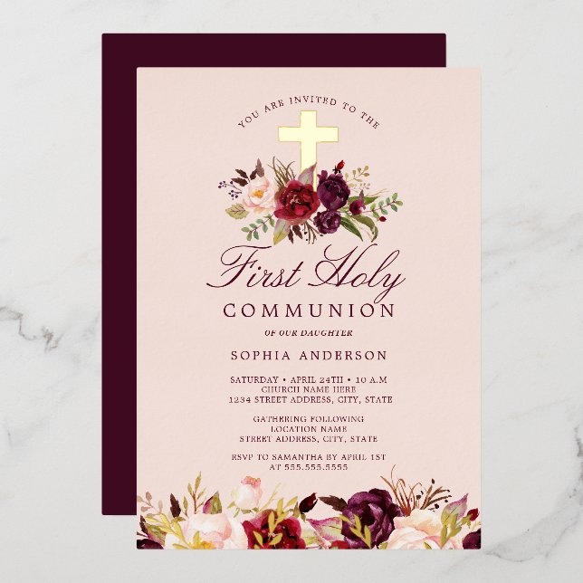 Floral Burgundy Cross Girls First Communion  (Front/Back)