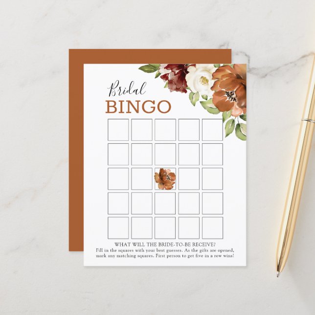 Floral Burgundy Dark Orange Bridal Bingo Game Card (Front/Back In Situ)