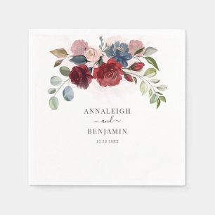 Floral Burgundy Dusty Blue Wedding Cocktail Napkin