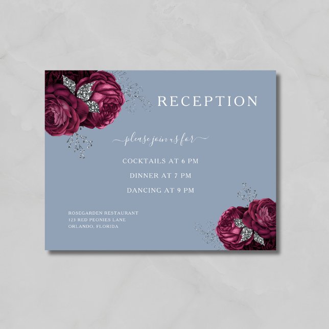 Floral Burgundy Dusty Blue Wedding Reception Enclosure Card (Floral Burgundy Dusty Blue Wedding Reception Enclosure Card)