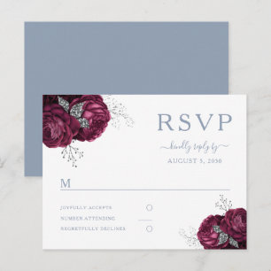 Floral Burgundy Dusty Blue Wedding RSVP Postcard