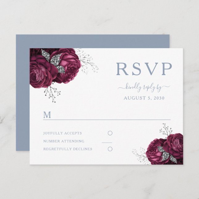 Floral Burgundy Dusty Blue Wedding RSVP Postcard (Front/Back)