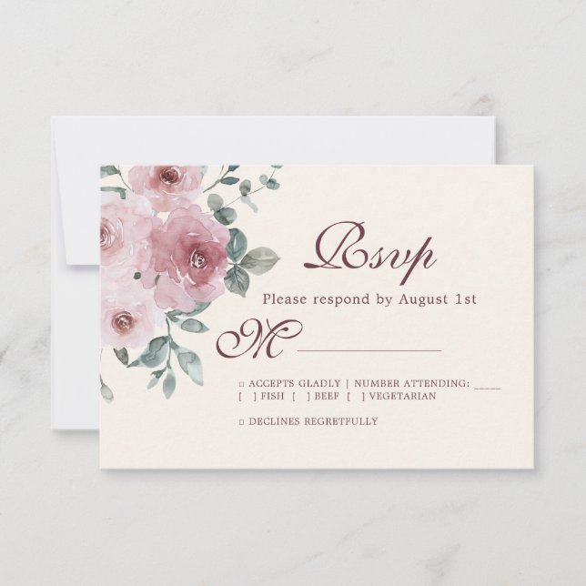 Floral Burgundy Dusty Pink Rose Ivory Wedding RSVP Card (Front)