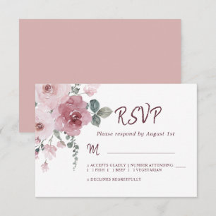 Floral Burgundy Dusty Pink Rose Wedding RSVP  Card