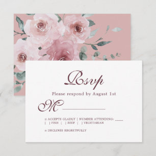 Floral Burgundy Dusty Pink Rose Wedding RSVP  Card