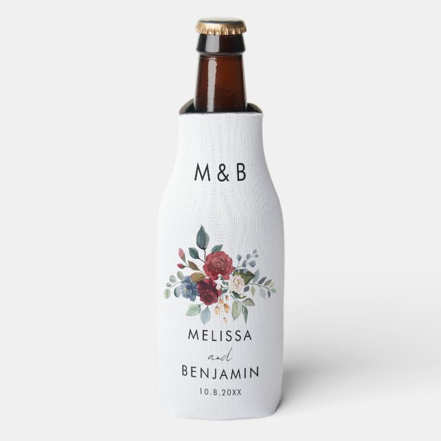 Floral Burgundy Elegant Script Wedding Favour Bottle Cooler (Bottle Front)