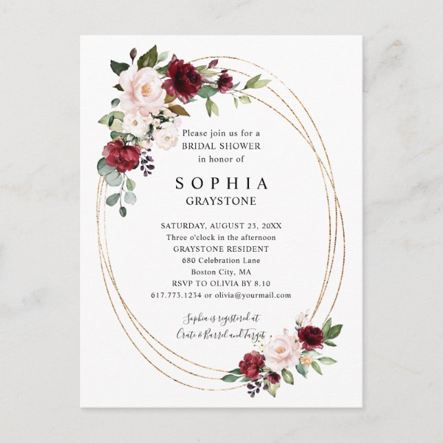 Floral Burgundy Gold Abstract Bridal Shower Invitation Postcard (Front)
